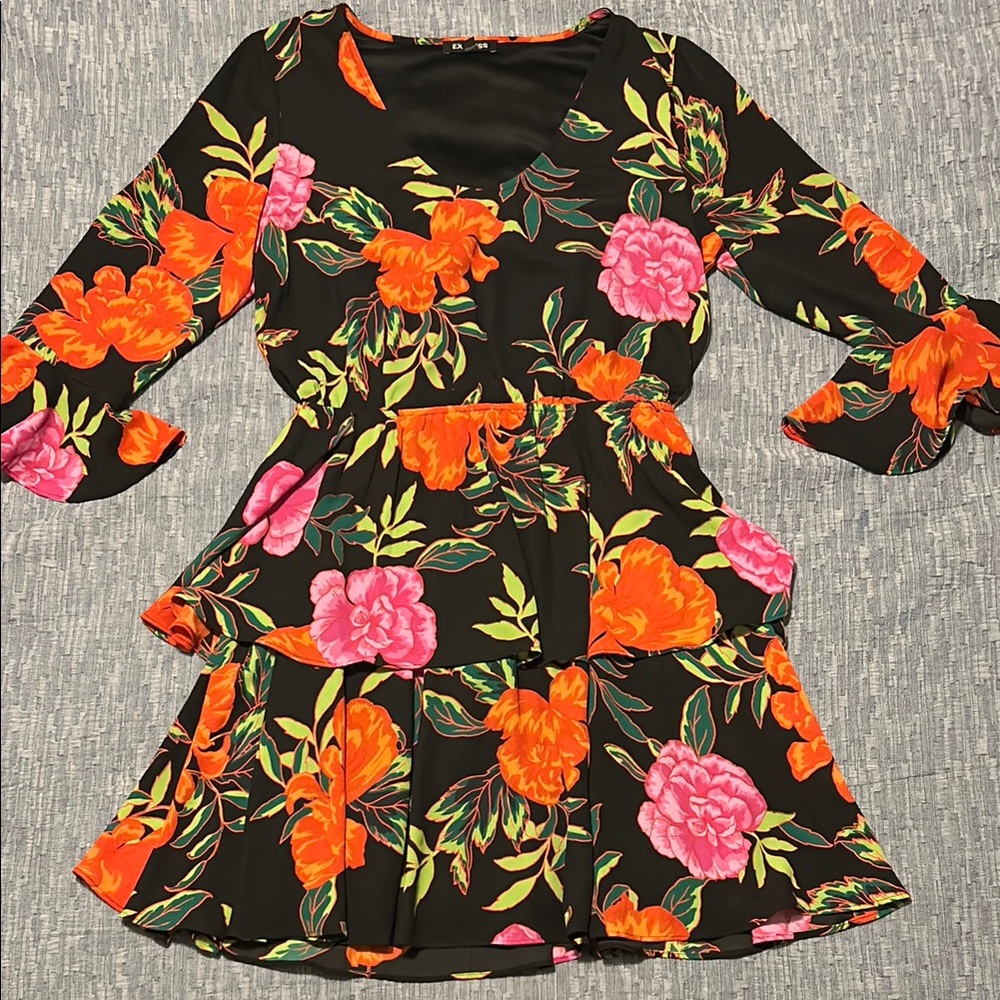 Floral Dress - Black with Orange and Pink floral